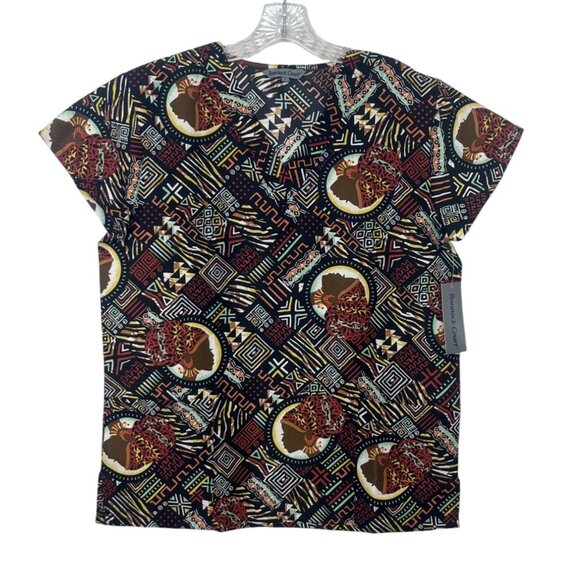 Bannock Court Scrub Shirt Top Womens Small Brown Black Geometric Print New - Picture 1 of 10